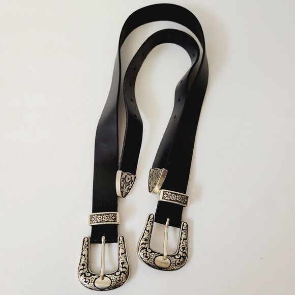 Western Embossed Metal Floral Scrolled Black Leather Double Buckle Belt